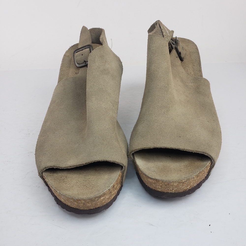 Bio-Gold Wedge Sandals Taupe Leather Ankle Strap Peep Toe - Picture 6 of 11